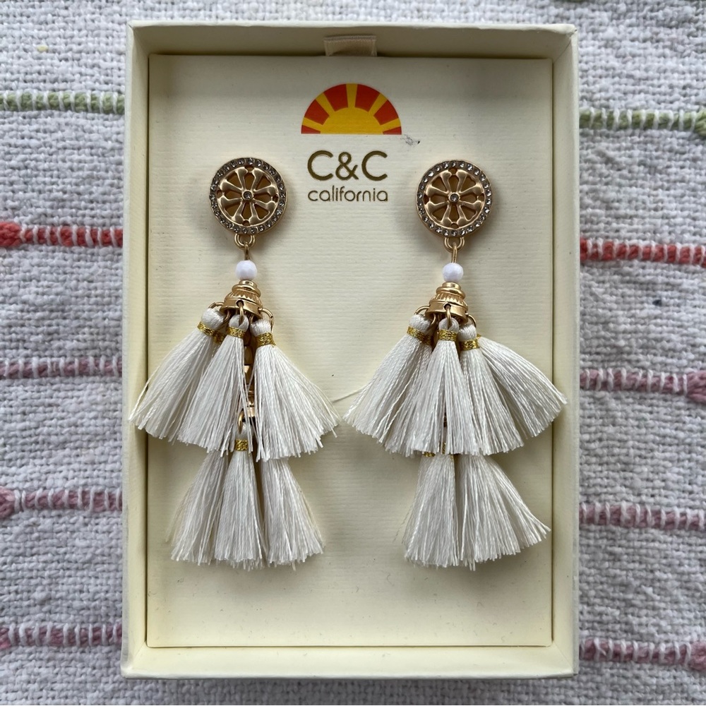 White and gold tassel earrings